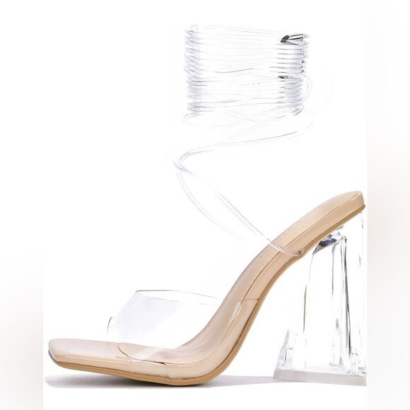 Cape Robbin Swag Nude Chunky Heels, Transparent Lace Up, Square Open Toe, Sz 11 - Picture 4 of 16